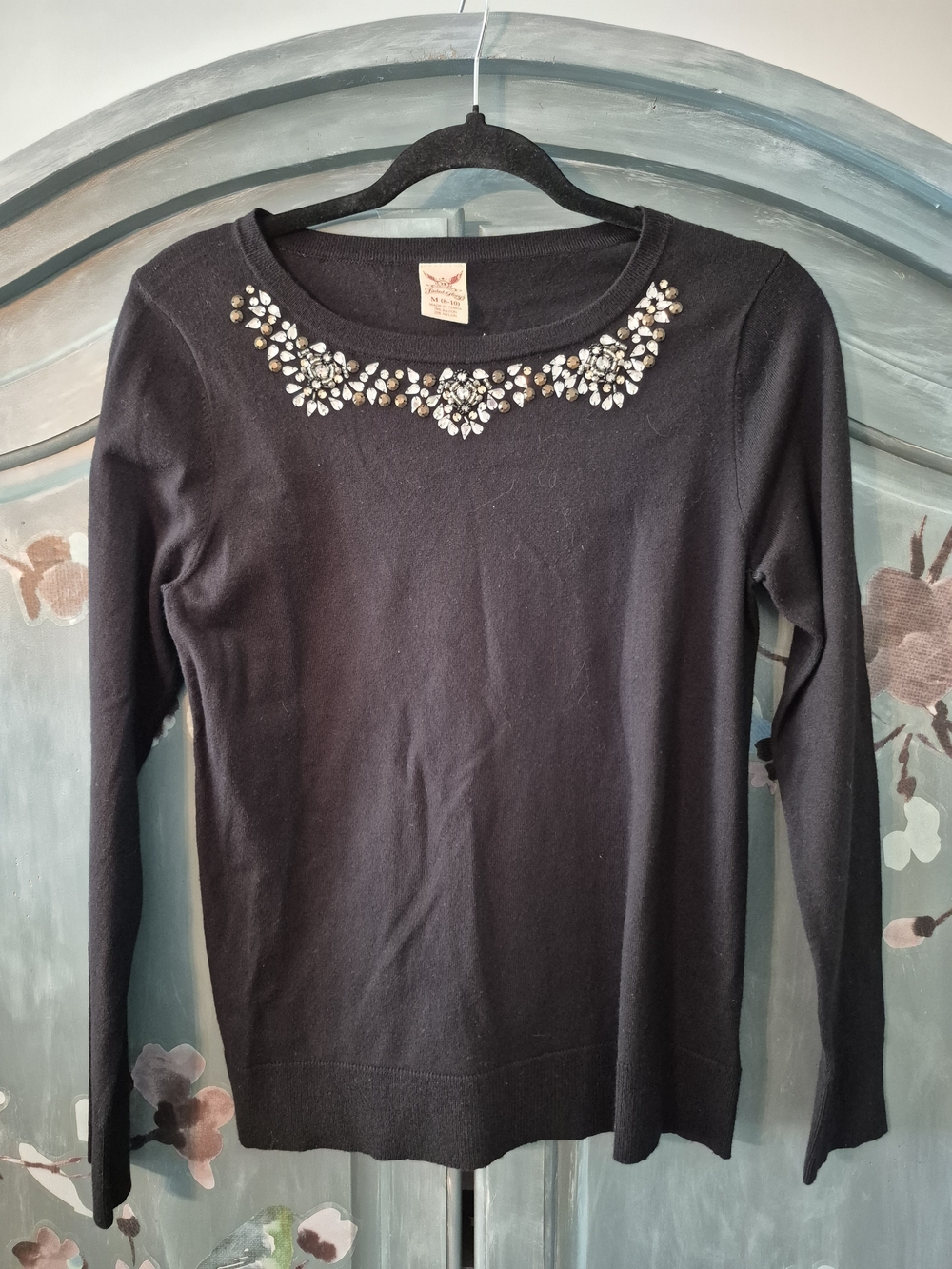 Faded Glory Black Crewneck Sweater with Crystal Embellished Neckline